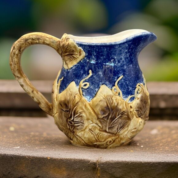 Unique Vintage Blue Sponge Glazed Matte Leaf Applied Pitcher Majolica Style 7" - Picture 1 of 8